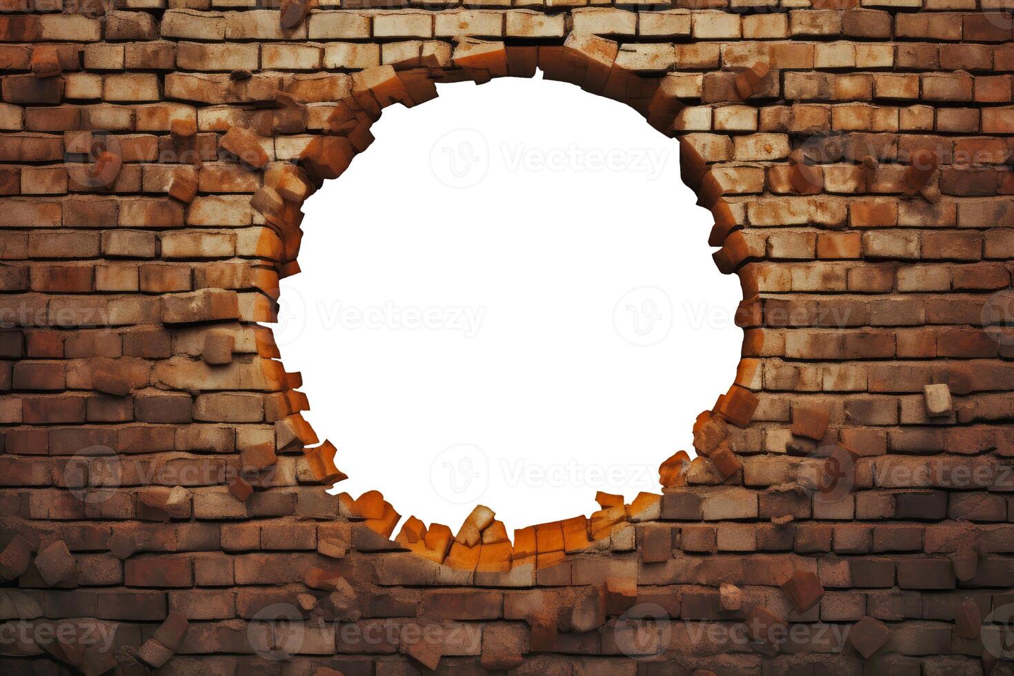 Hole in Brown Brick Wall,Isolated on White photo