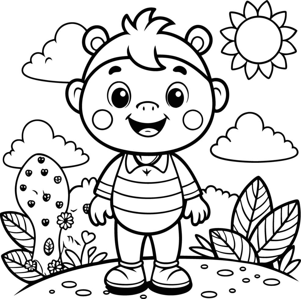 kid coloring page line art illustration black and white vector