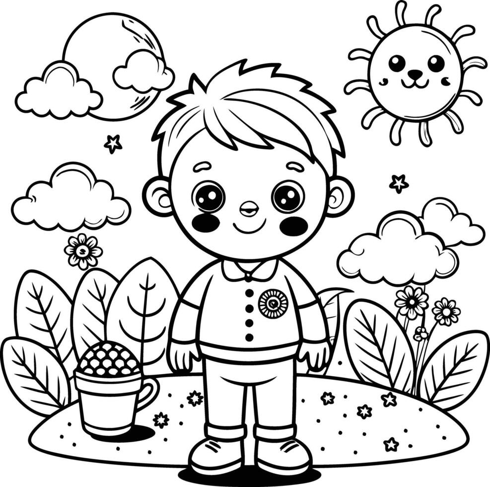 kid coloring page line art illustration black and white vector