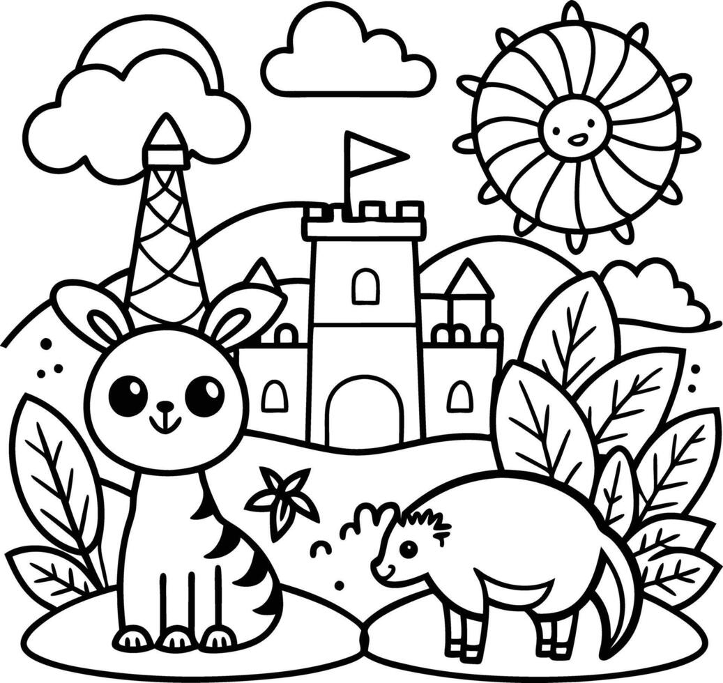 kid coloring page line art illustration black and white vector