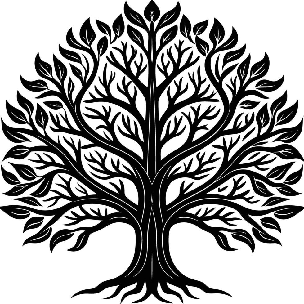 symmetrical oak brunch tree black silhouette illustration vector