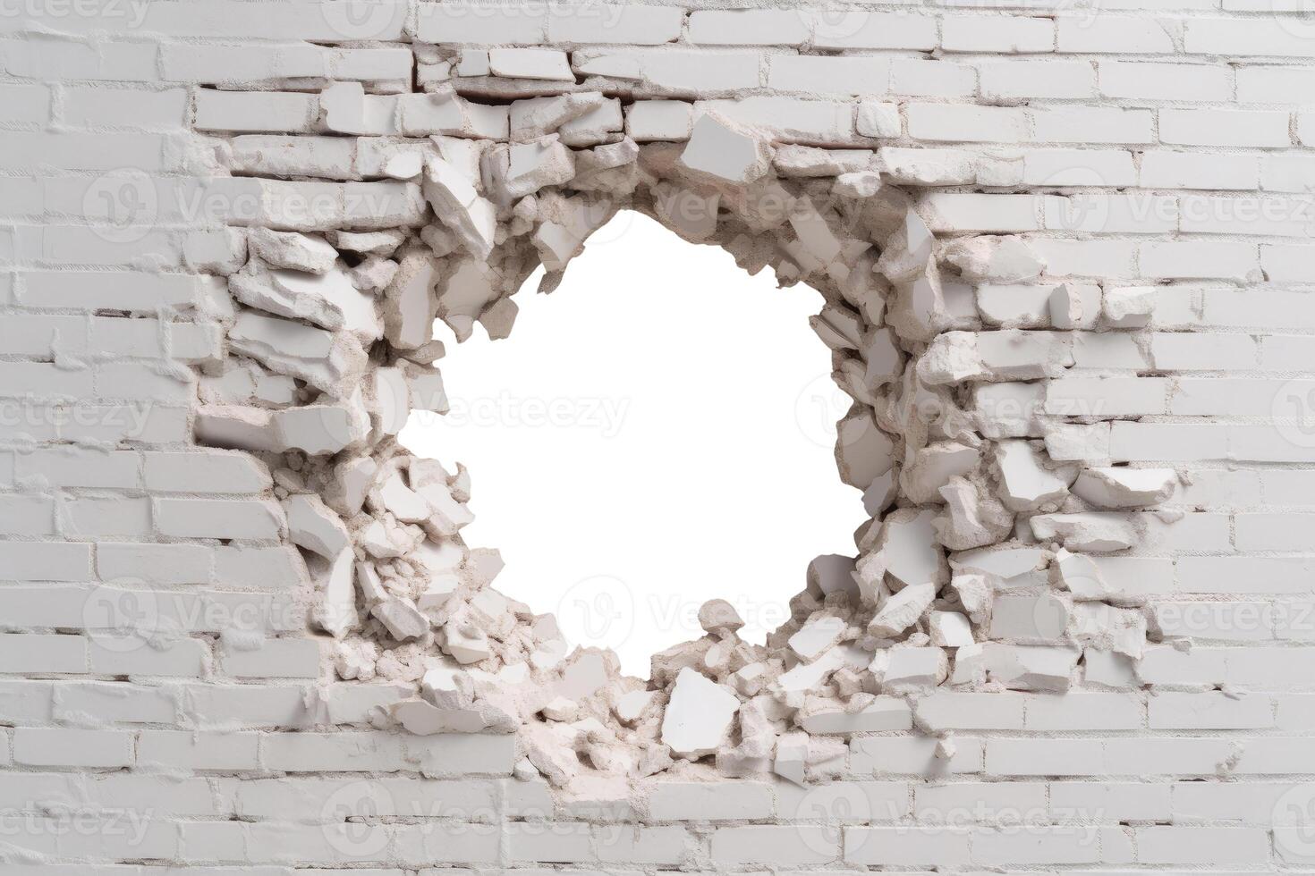 Hole in White Brick Wall, Isolated on White photo