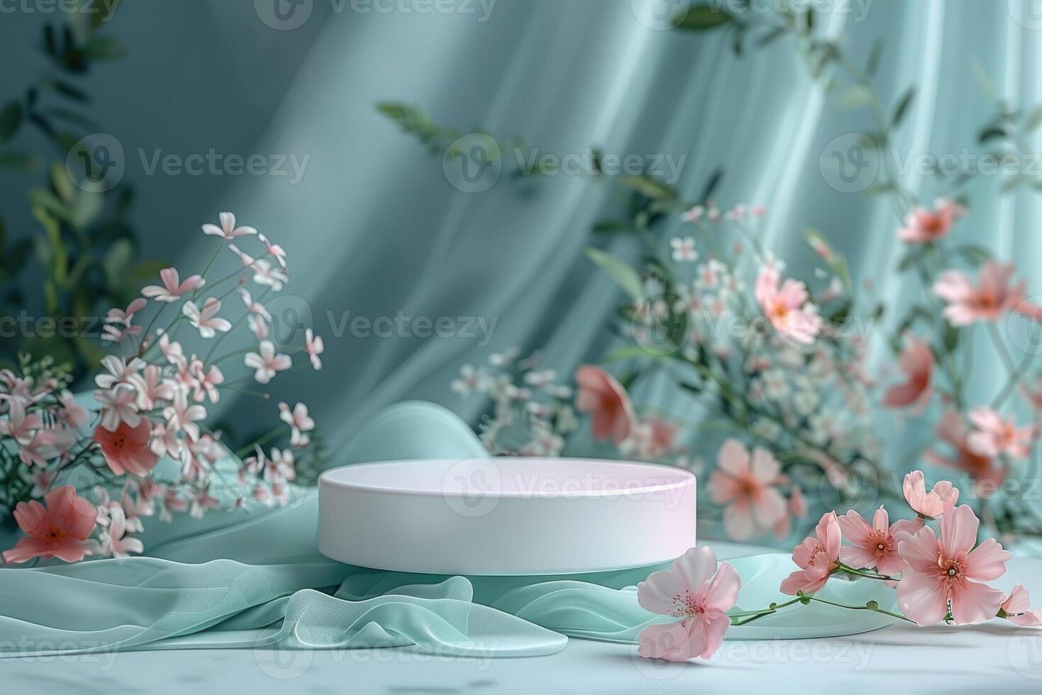 Minimalist round 3D platform with a smooth matte finish, situated against a pastel floral background. The delicate abstract floral patterns in soft tones create a gentle and serene backdrop. Soft, photo