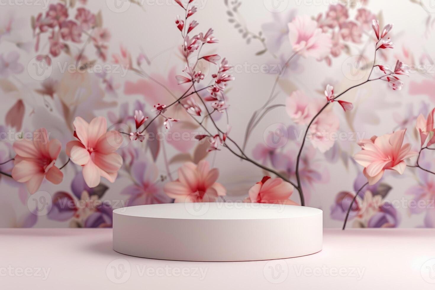 Minimalist 3D round platform with a smooth matte finish, placed against a soft, pastel floral background. The delicate, abstract floral patterns in muted tones create a serene backdrop. Soft, photo