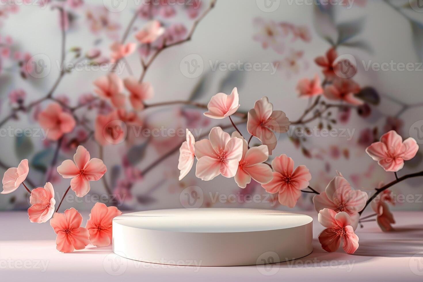 Elegant minimalist 3D round platform on a soft pastel floral background. The platform's smooth matte finish contrasts with the delicate abstract floral patterns in muted tones. Soft, diffused photo
