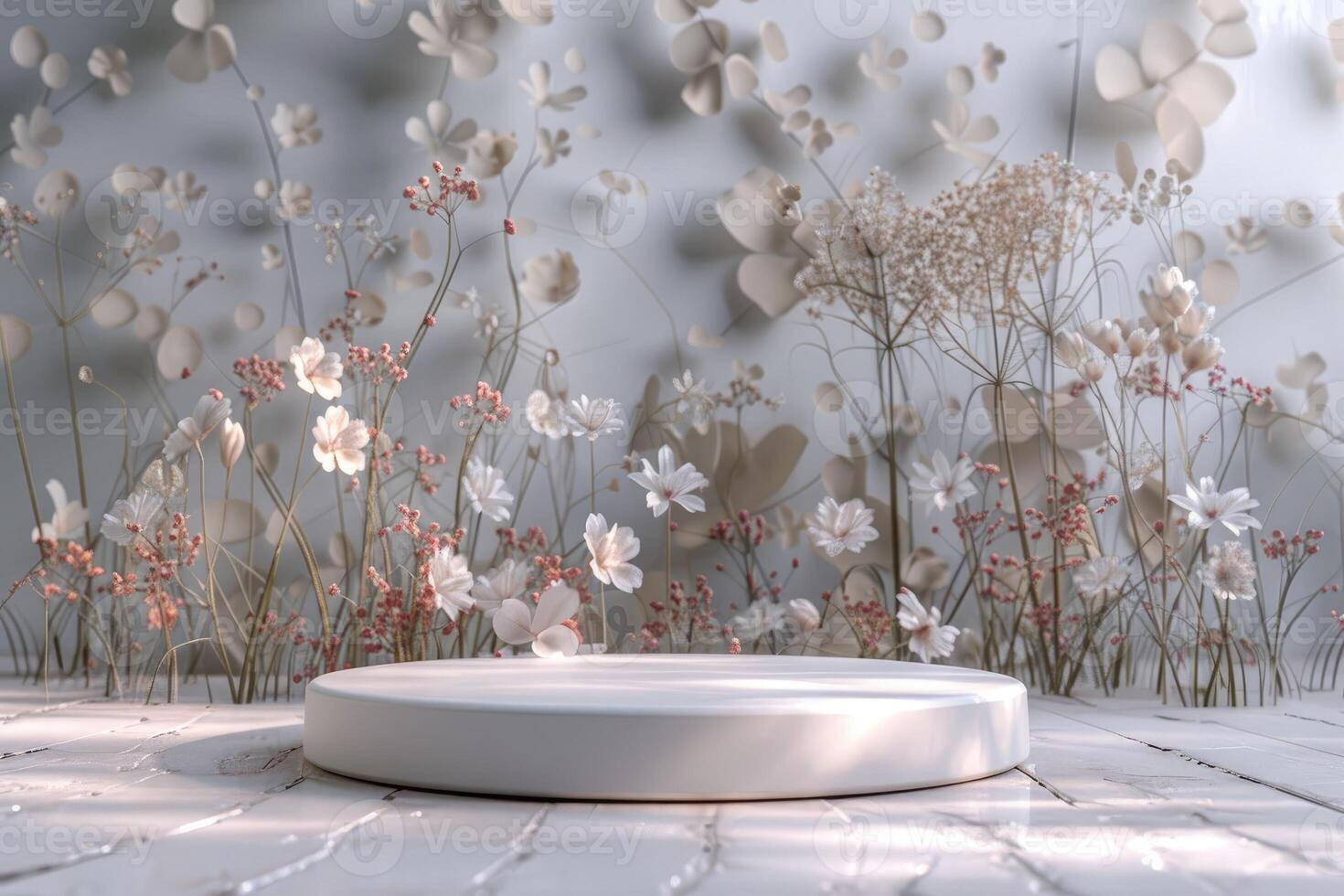 Minimalist 3D round platform with a subtle matte finish, featured against a pastel floral background. The background showcases delicate, abstract floral patterns in muted tones, creating a serene photo
