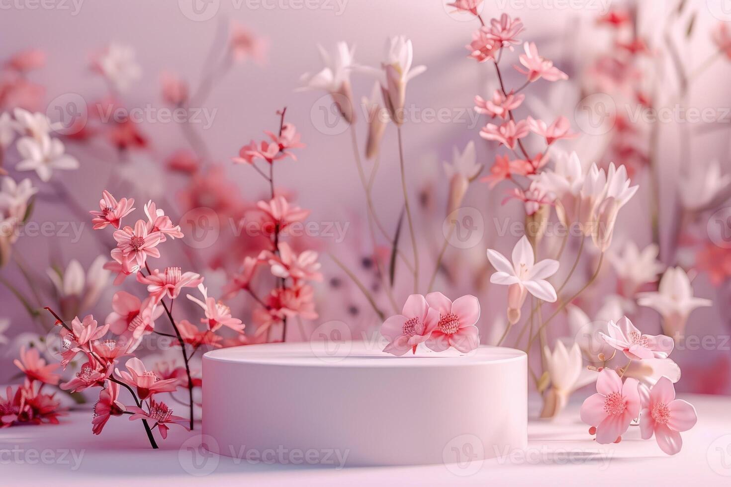 Simple yet elegant 3D round platform with a matte finish, set against a pastel floral background. The delicate abstract floral patterns in soft hues create a gentle and serene backdrop. Diffused photo