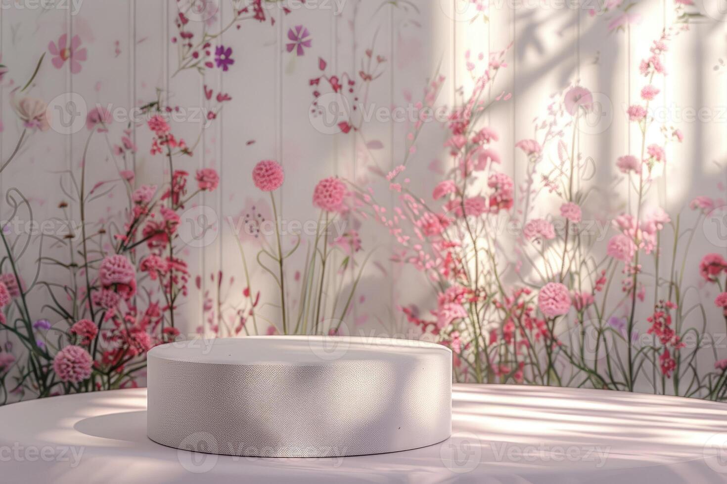 Minimalist 3D round platform with a subtle matte finish, featured against a pastel floral background. The background showcases delicate, abstract floral patterns in muted tones, creating a serene photo