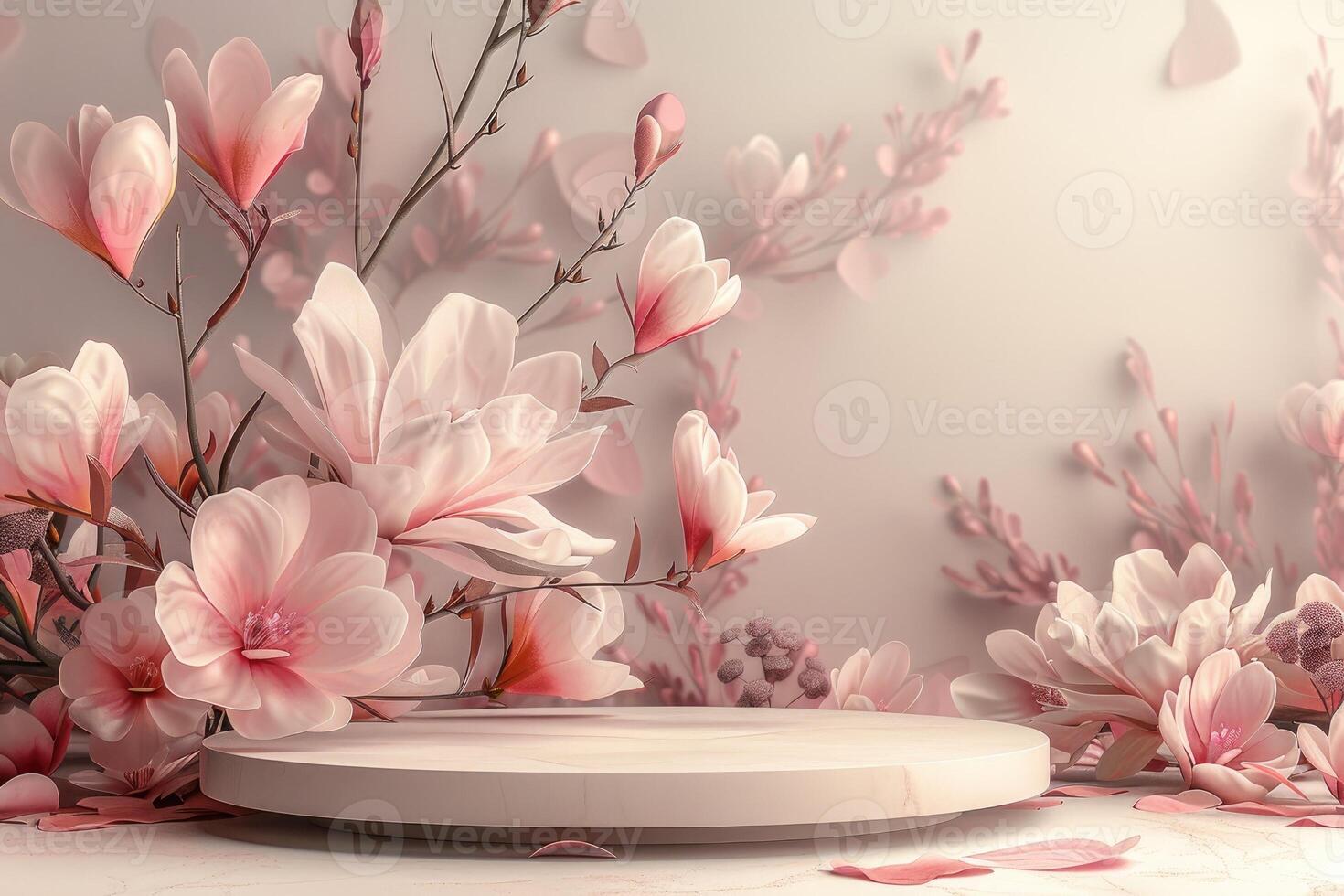 Minimalist 3D round platform with a smooth matte finish, placed against a soft, pastel floral background. The delicate, abstract floral patterns in muted tones create a serene backdrop. Soft, photo