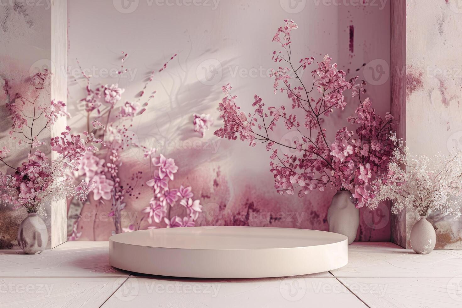 Elegant minimalist 3D round platform on a soft pastel floral background. The platform's smooth matte finish contrasts with the delicate abstract floral patterns in muted tones. Soft, diffused photo