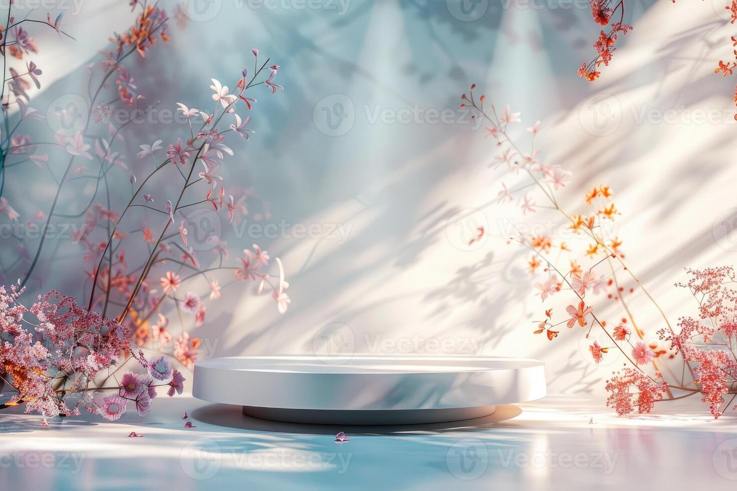 Clean and minimalist 3D platform with a round base, set against a serene pastel floral background. The platform's sleek, matte finish is complemented by the delicate, abstract floral patterns in photo