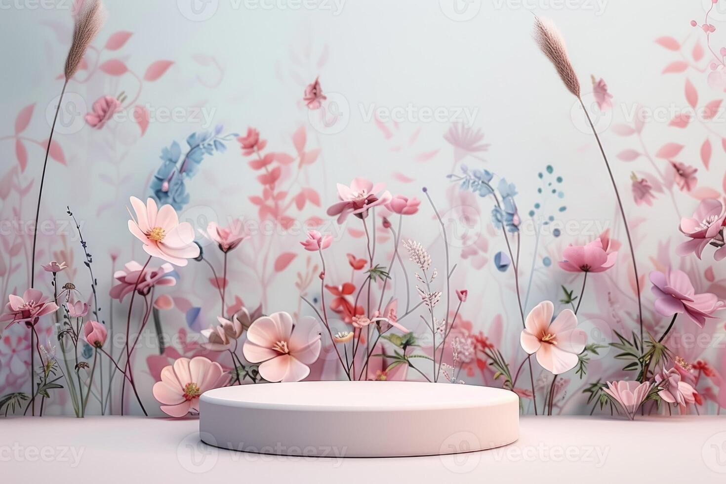 Clean and minimalist 3D platform with a round base, set against a serene pastel floral background. The platform's sleek, matte finish is complemented by the delicate, abstract floral patterns in photo