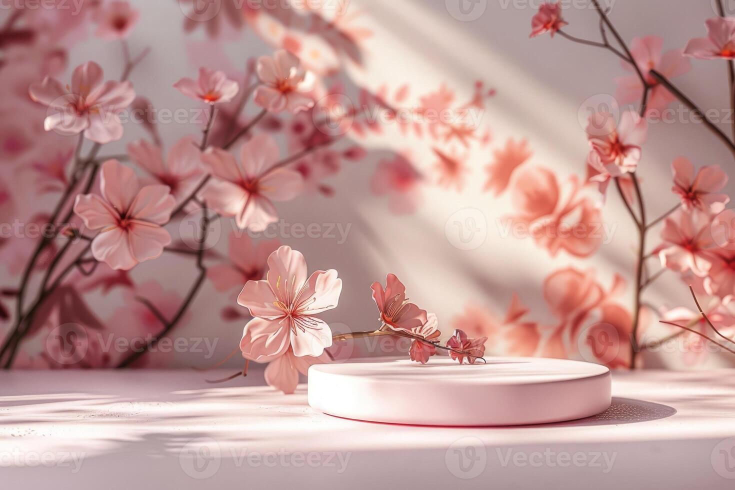Minimalist 3D round platform with a smooth matte finish, placed against a soft, pastel floral background. The delicate, abstract floral patterns in muted tones create a serene backdrop. Soft, photo