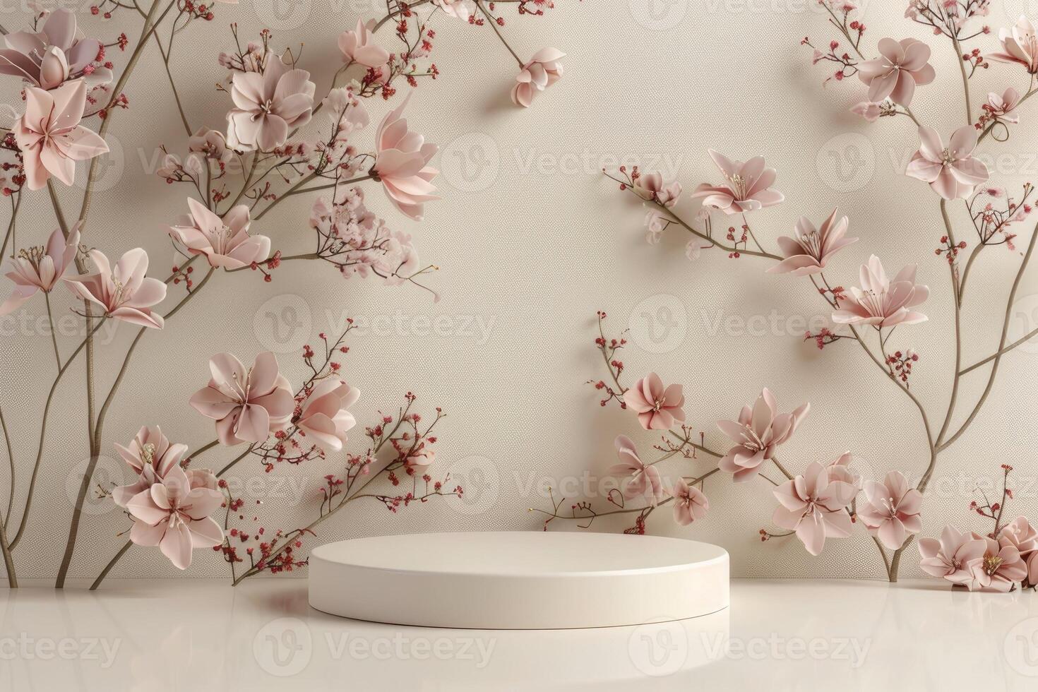 Round minimalist 3D platform with a sleek matte surface, positioned in front of a pastel floral background. The background features subtle, abstract floral patterns in muted shades. Soft and diffused photo