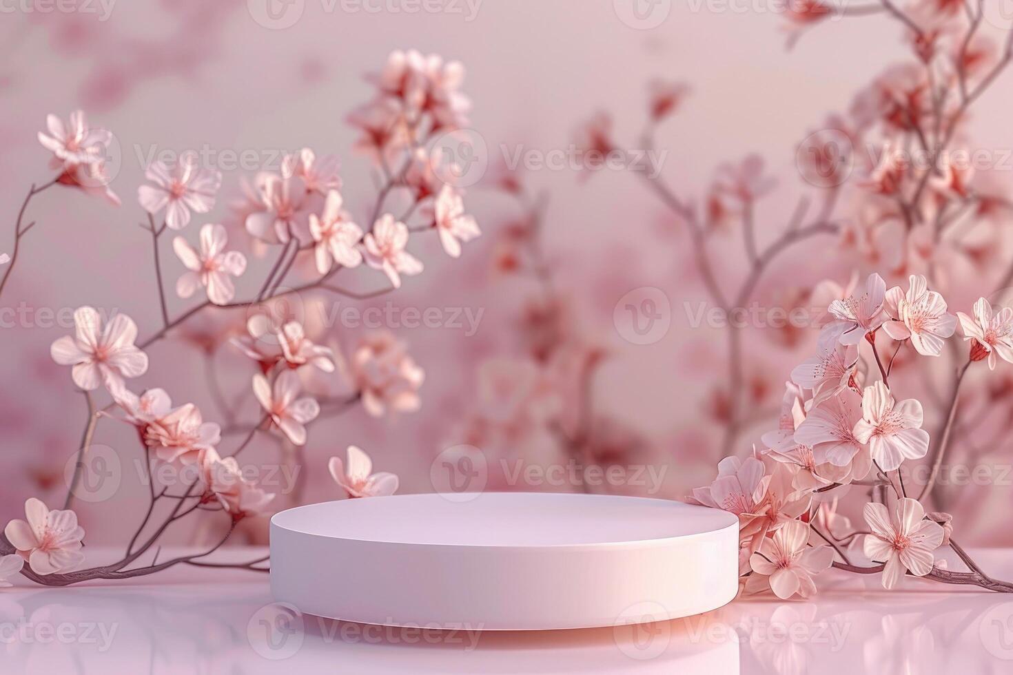 Elegant minimalist 3D round platform on a soft pastel floral background. The platform's smooth matte finish contrasts with the delicate abstract floral patterns in muted tones. Soft, diffused photo
