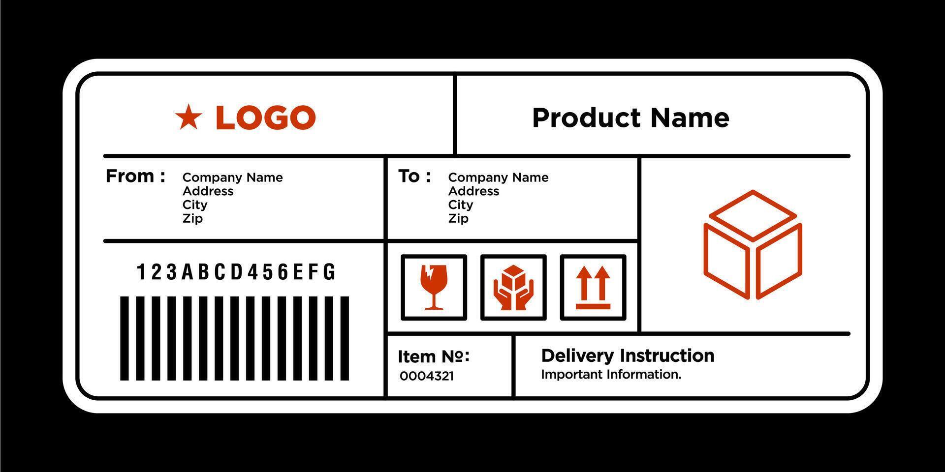 Cargo delivery sticker. Shipment label template. Delivery mockup. Fragile, handle icon. Information about company recipient. vector