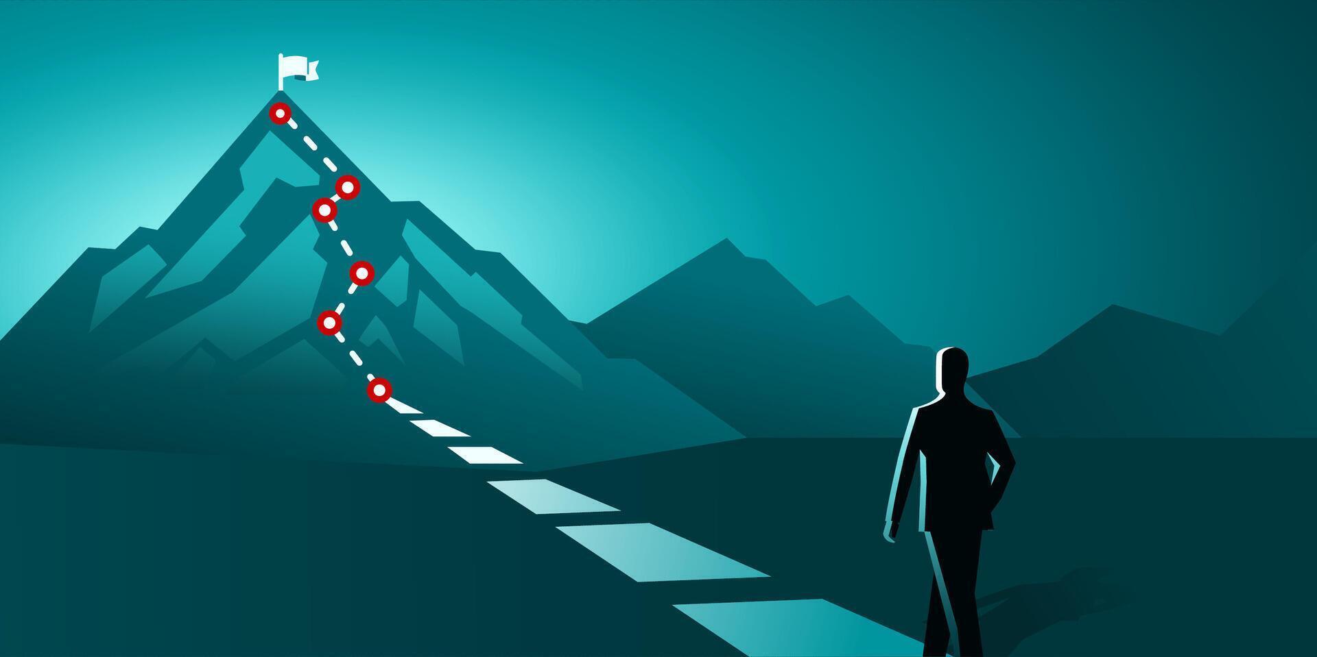 businessman walking route for growth journey concept illustration of a mountain with path and a flag at the top, route to mountain peak, business journey and planning concept. vector