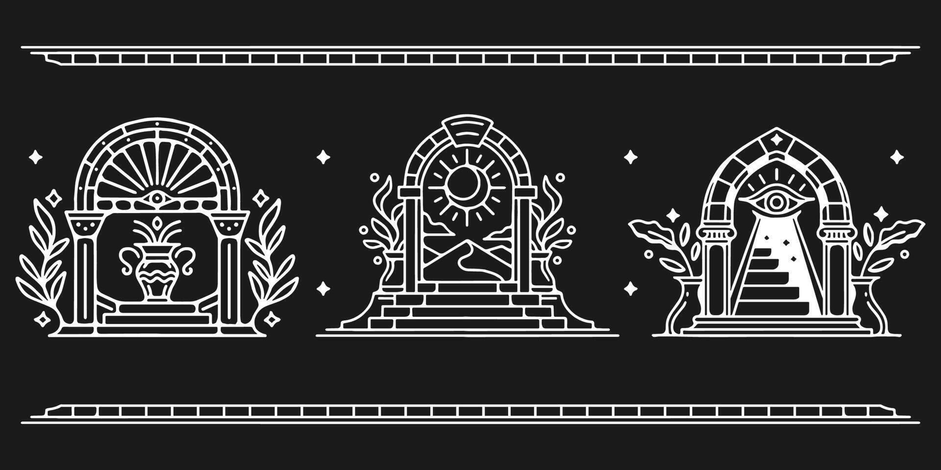 Boho temple and Arch Set in Trendy Minimal Line Style with Sun and Stars. Bohemian Border. Art deco arch frames, arcs, doors or borders vector