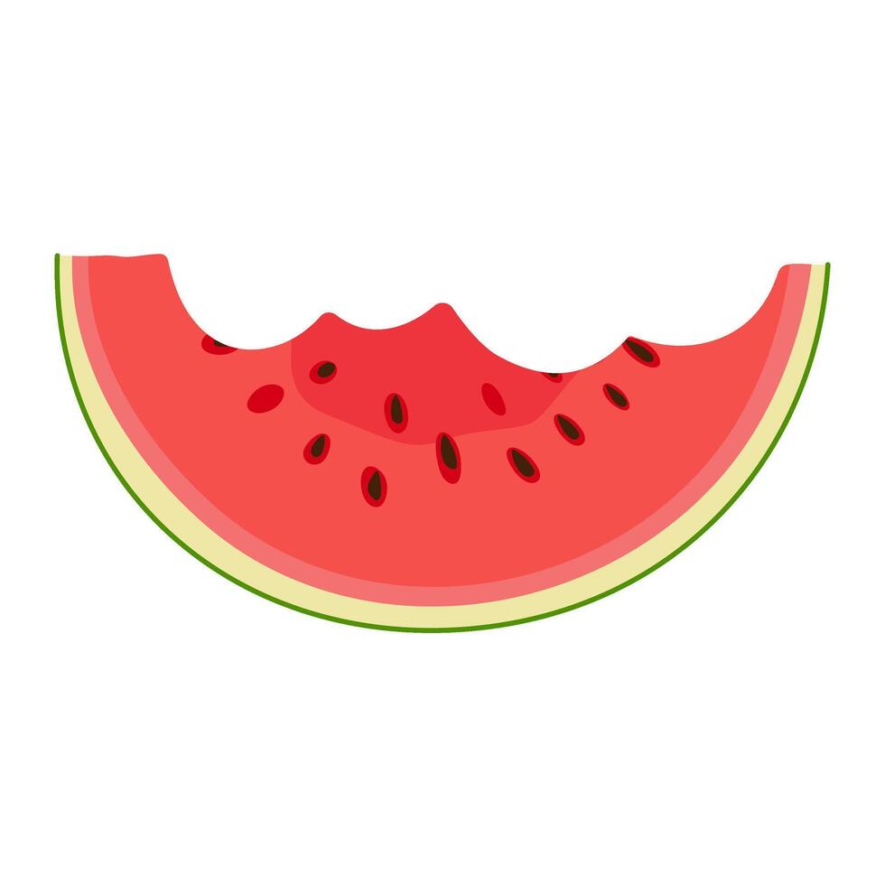 Watermelon rind. Bitten watermelon slice with green rind, red flesh and black seeds. Hand drawn Trendy flat style isolated. Organic waste. Summer fruit for menu logos postcard illustration vector