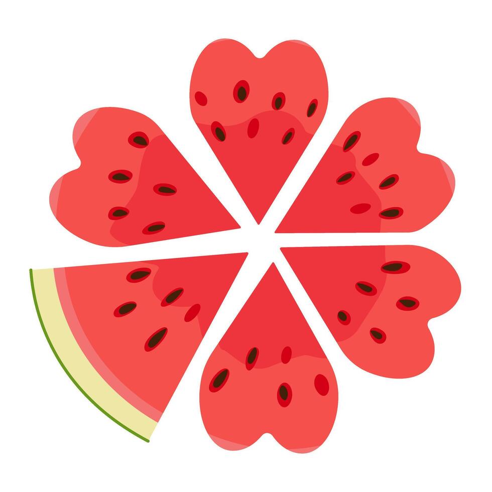 Ripe red cut segmented watermelon top view, heart-shaped pieces Hand drawn Trendy flat style isolated organic natural dessert, healthy sweet red juicy Sliced melon summer fruit illustration vector