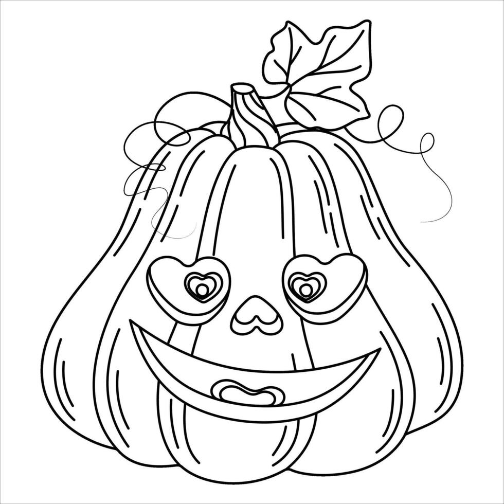 Halloween pumpkin head Coloring page. Cute and scary halloween pumpkin monster. Holidays cartoon character Hand drawn line art style for poster banner greeting card. Jack o lantern illustration vector