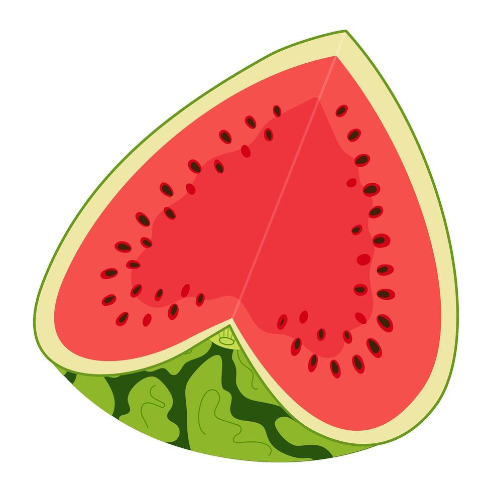 Ripe red cut watermelon. Cartoon Fresh watermelon heart slice. Hand drawn Trendy flat style isolated cut fruit organic natural dessert, healthy sweet red juicy summer fruit illustration vector