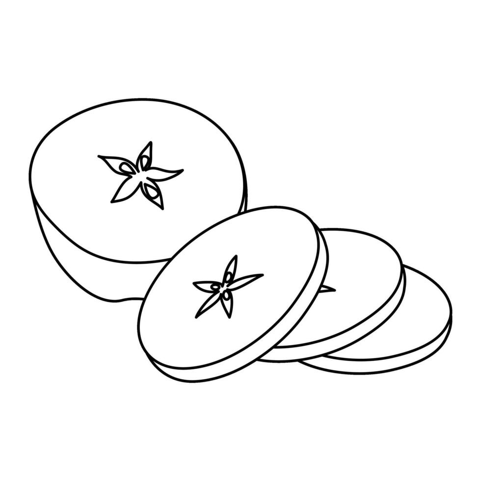 Cut Apple line art drawing coloring page. Cross section of cut apple, slices fruit black and white illustration. Hand drawn doodle style. vector