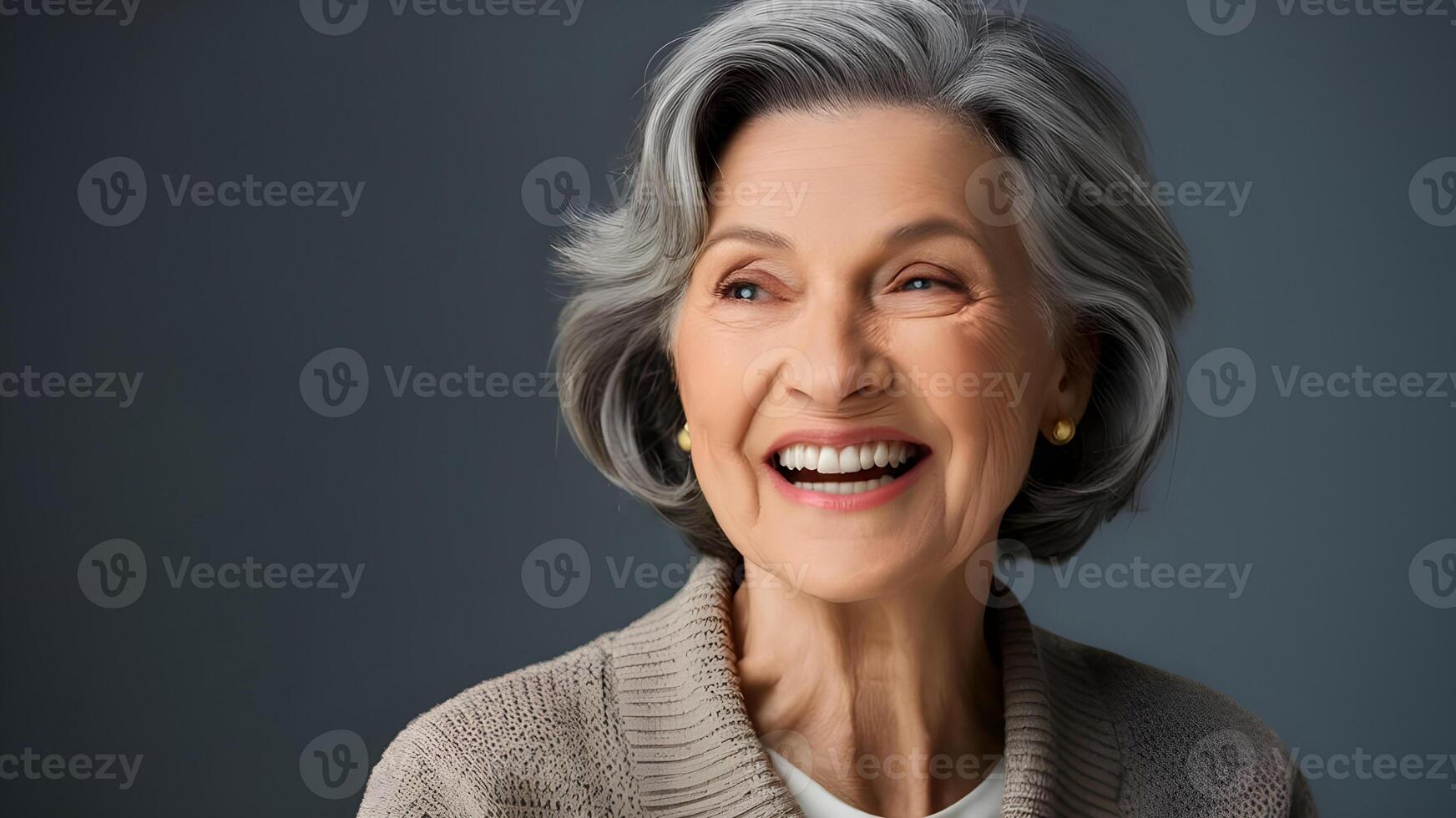 Beautiful elderly model smiling with white black hair, old woman close up. ai generate photo