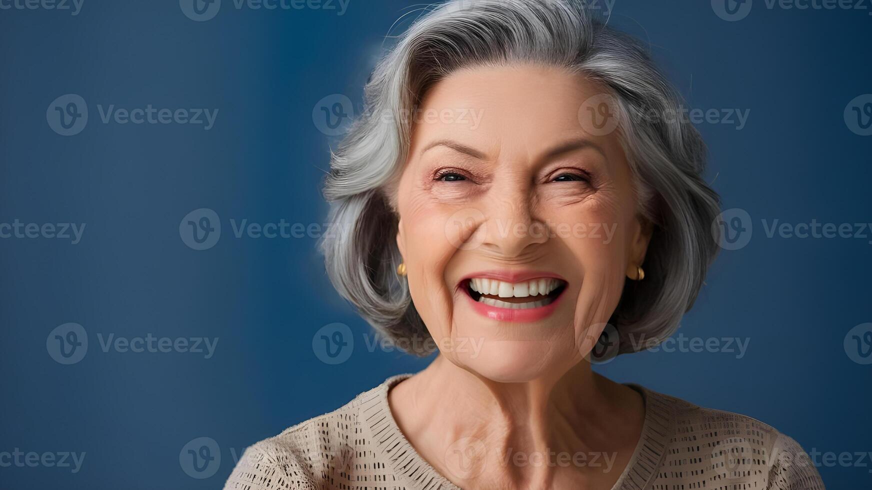 Beautiful elderly model smiling with white black hair, old woman close up. ai generate photo