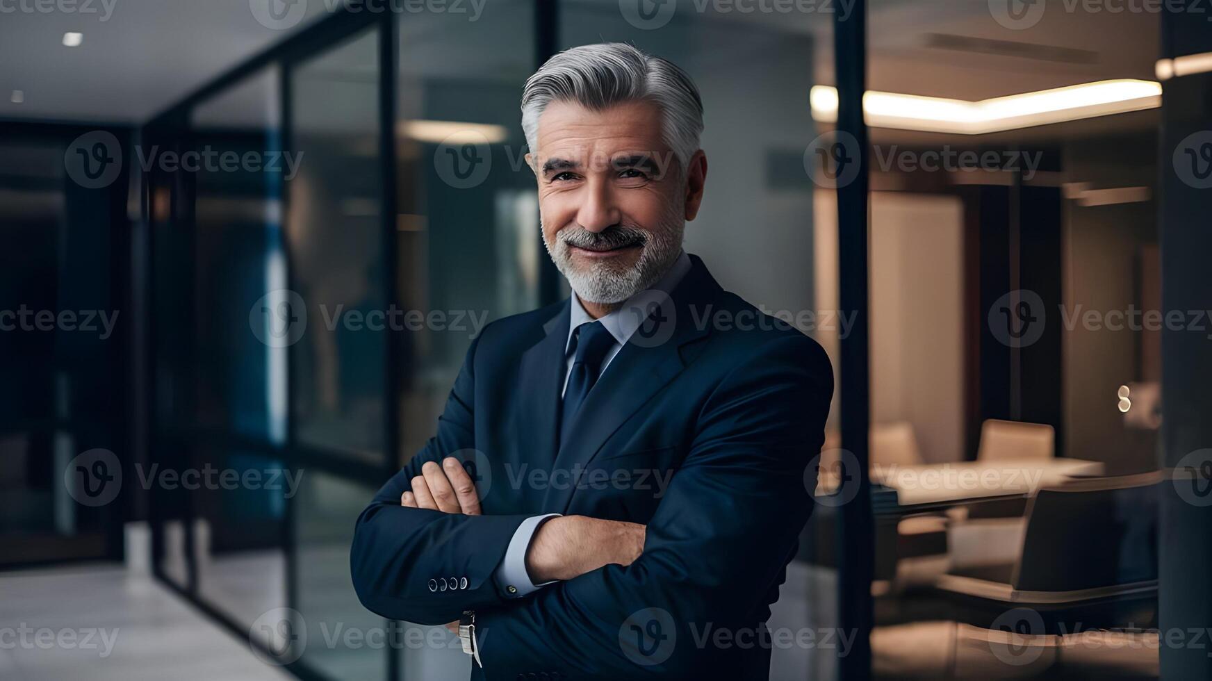 A smiling successful businessman stands in his office. ai generate photo