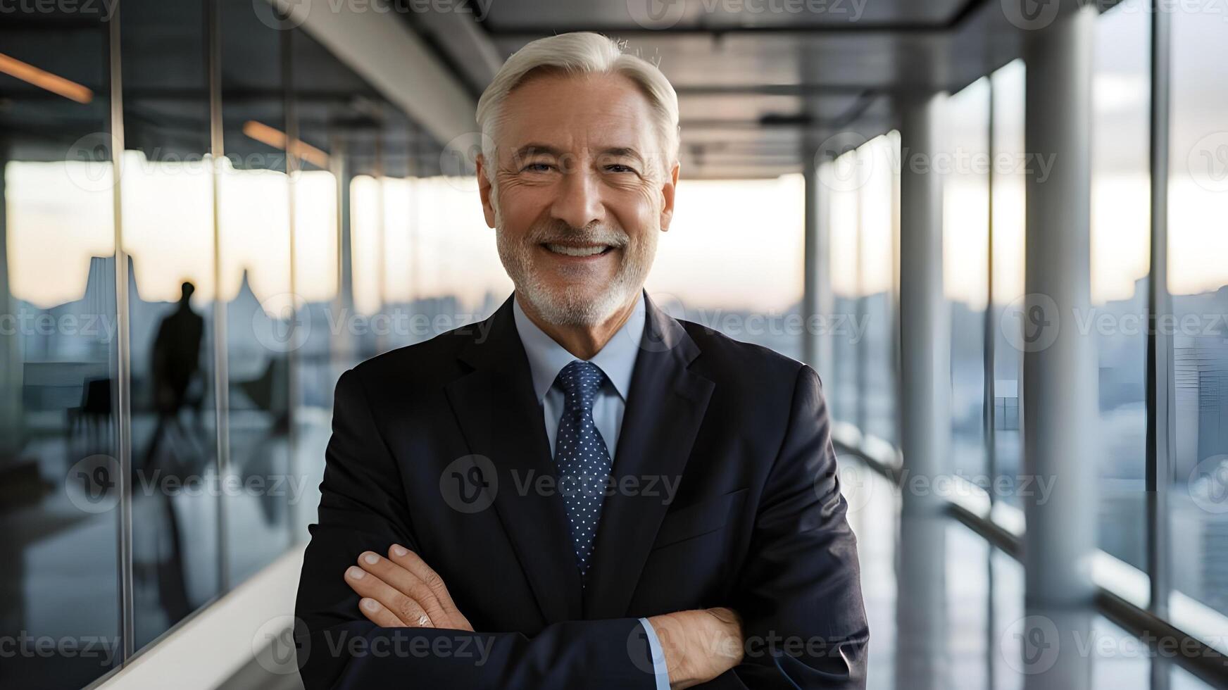 A smiling successful businessman stands in his office. ai generate photo