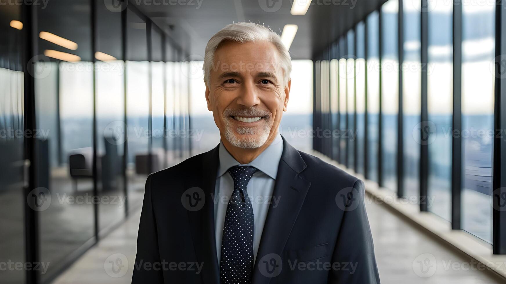 A smiling successful businessman stands in his office. ai generate photo