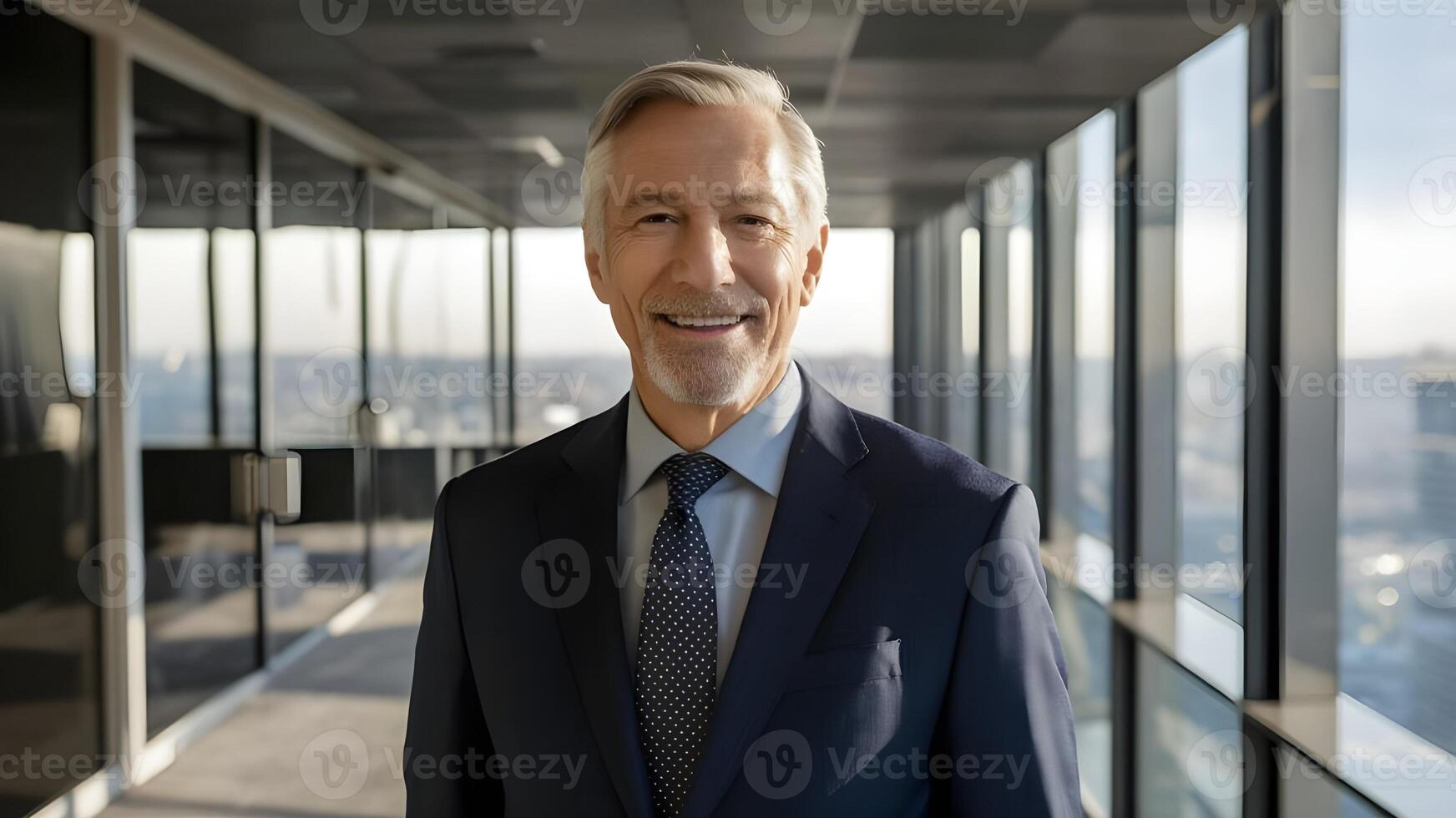 A smiling successful businessman stands in his office. ai generate photo