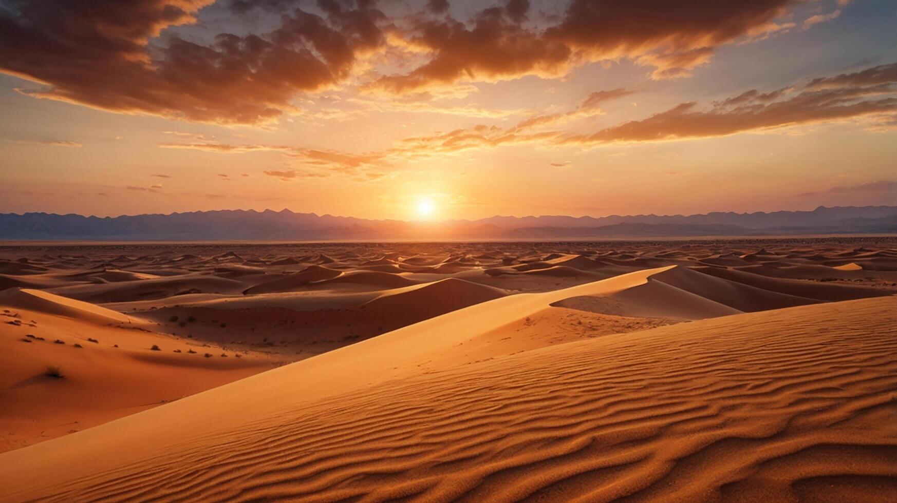 A stunning desert landscape with sand dunes and a colorful sunset in the background photo