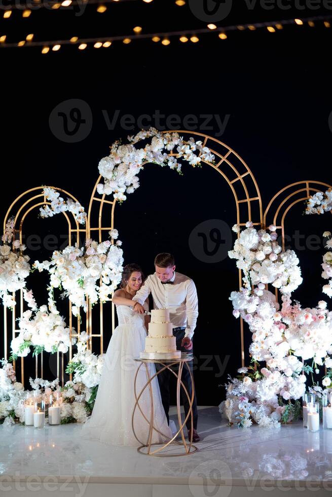 newlyweds happily cut and taste the wedding cak photo
