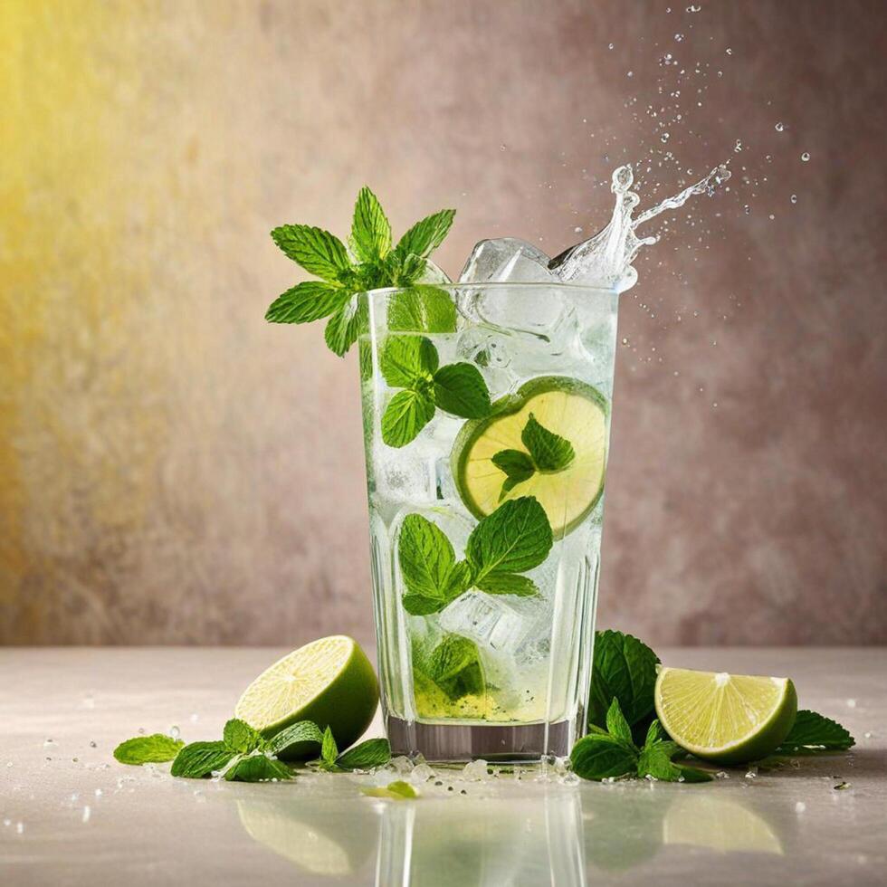 amazing mojito cocktail with beautiful background and pieces of ice photo