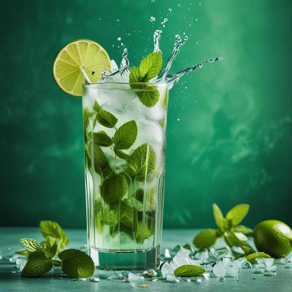 amazing mojito cocktail with beautiful background and pieces of ice photo