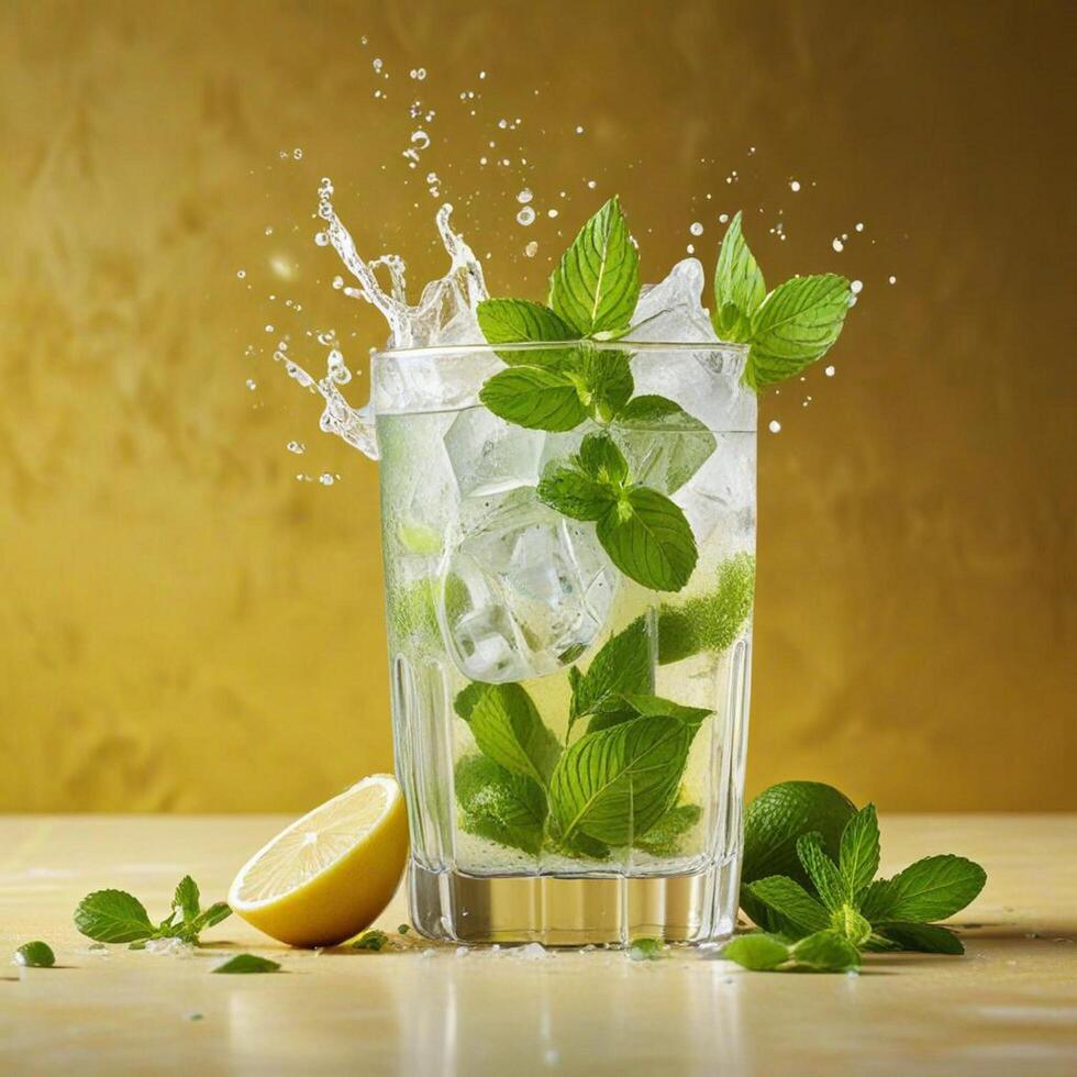 amazing mojito cocktail with beautiful background and pieces of ice photo