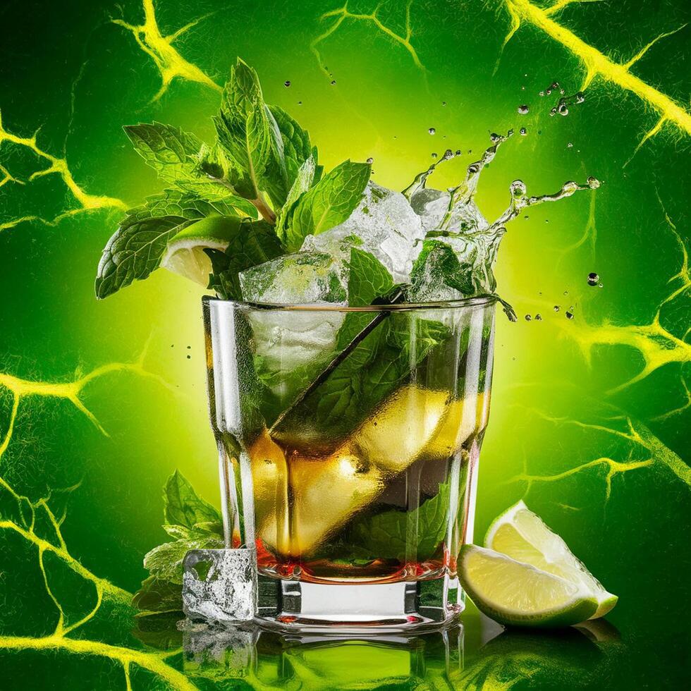 amazing mojito cocktail with beautiful background and pieces of ice photo
