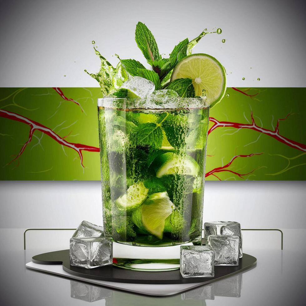 amazing mojito cocktail with beautiful background and pieces of ice photo