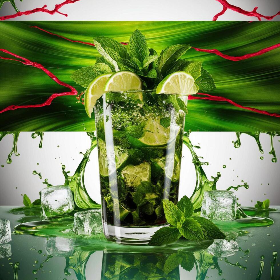 amazing mojito cocktail with beautiful background and pieces of ice photo