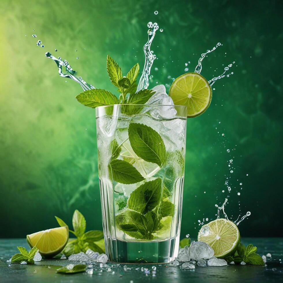 amazing mojito cocktail with beautiful background and pieces of ice photo