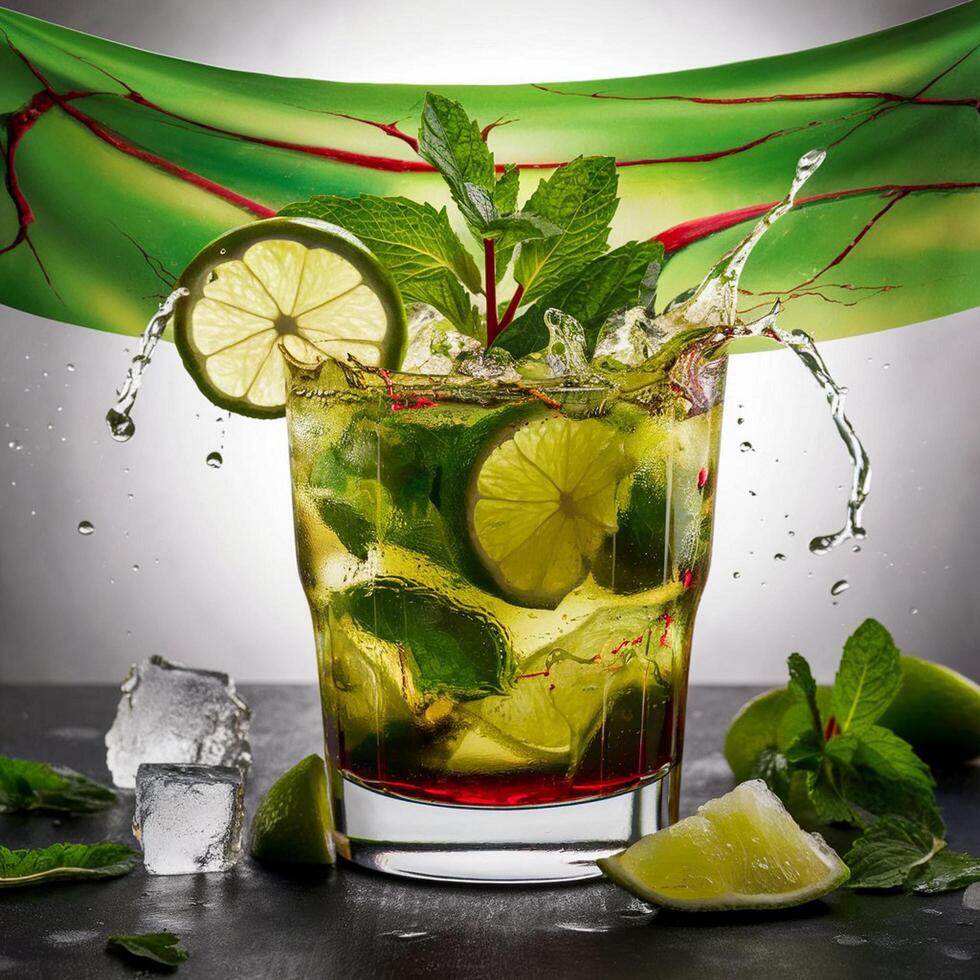 amazing mojito cocktail with beautiful background and pieces of ice photo