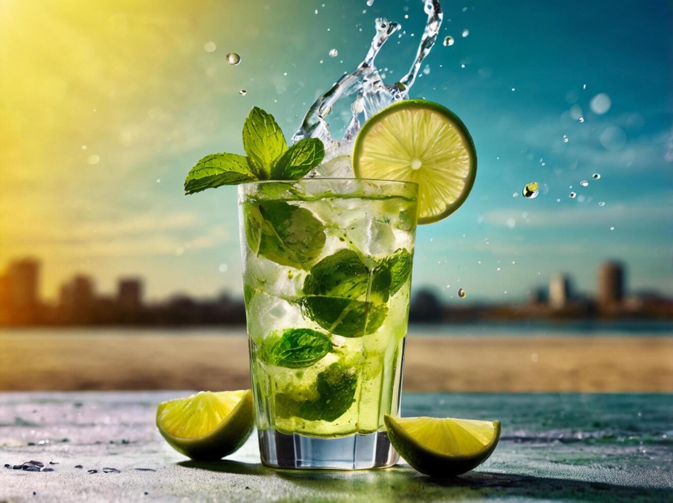amazing mojito cocktail with beautiful background and pieces of ice photo
