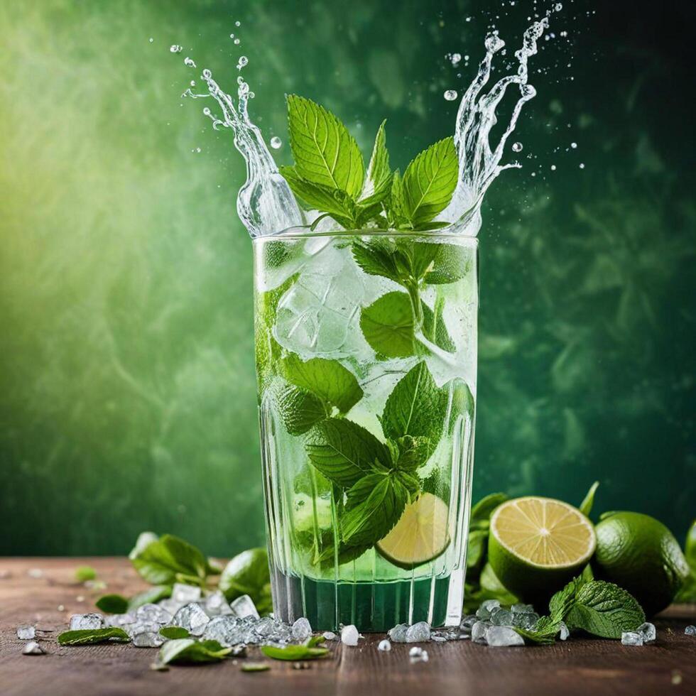 amazing mojito cocktail with beautiful background and pieces of ice photo