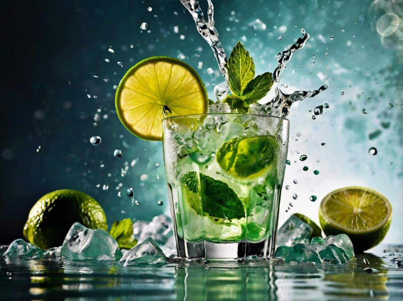 amazing mojito cocktail with beautiful background and pieces of ice photo