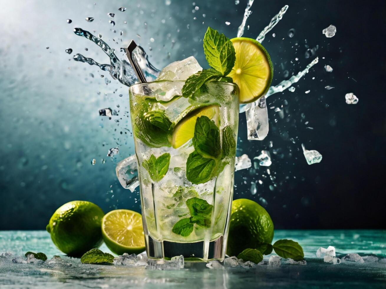 amazing mojito cocktail with beautiful background and pieces of ice photo