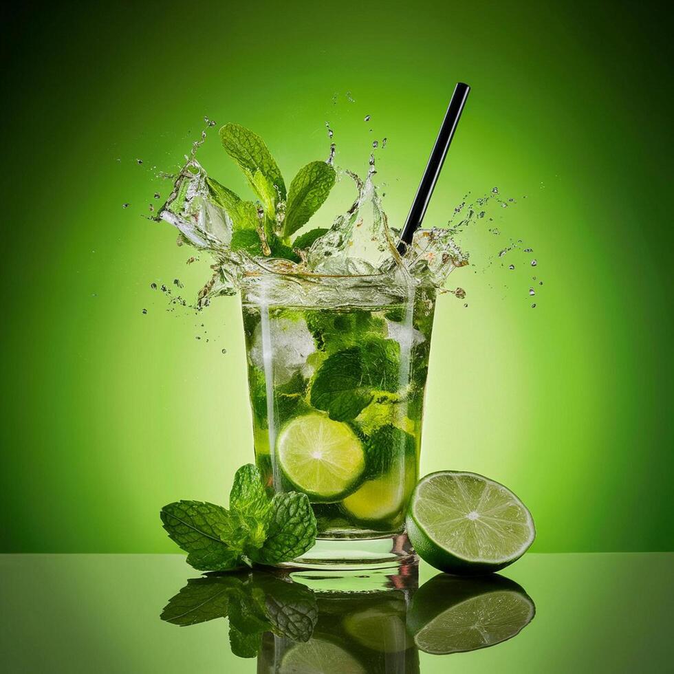 amazing mojito cocktail with beautiful background and pieces of ice photo