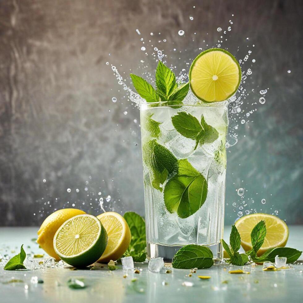 amazing mojito cocktail with beautiful background and pieces of ice photo