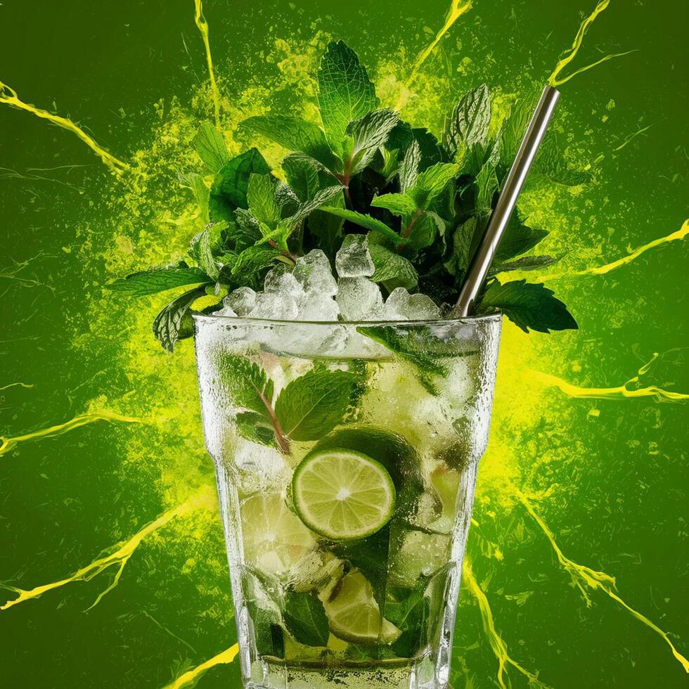 amazing mojito cocktail with beautiful background and pieces of ice photo